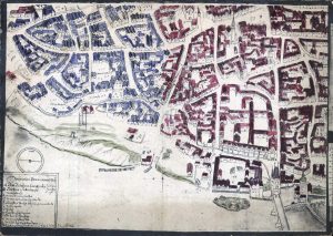 Křižovnický plán (Map of Prague), 1665. The Jewish quarter is indicated in blue