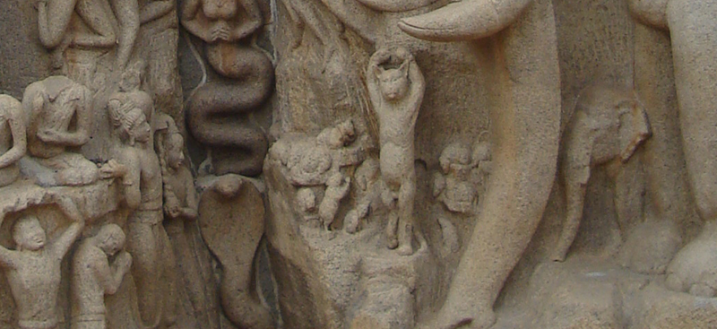 Cat standing on one leg (detail), Descent of the Ganges or Arjuna’s Penance, 7th-8th century, Mamallapuram, Tamil Nadu, India (photo: pavbalane, CC BY-SA 3.0)
