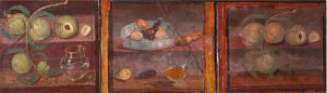 Still Life with Peaches (left), two dates, a silver tray with prunes, dried figs and dates with a glass of red wine (center), and branch of Peaches, Fourth Style wall painting from Herculaneum, Italy, c. 62-69 C.E., fresco, 14 x 13 1/2 inches (Archaeological Museum, Naples)
