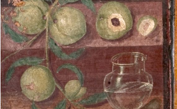 Still Life with Peaches (left), two dates, a silver tray with prunes, dried figs and dates with a glass of red wine (center), and branch of Peaches, Fourth Style wall painting from Herculaneum, Italy, c. 62-69 C.E., fresco, 14 x 13 1/2 inches (Archaeological Museum, Naples)