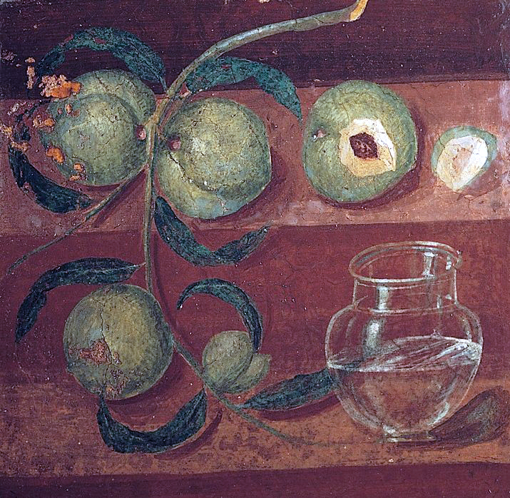Still Life with Peaches, detail of a Fourth Style wall painting from Herculaneum, Italy, c. 62-69 C.E., fresco, 14 x 13 1/2 inches (Archaeological Museum, Naples)