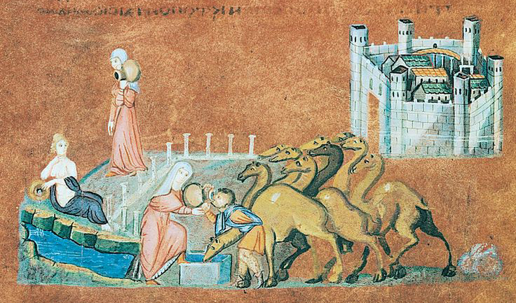 Rebecca and Eliezer at the Well, folio 7 recto from the Vienna Genesis, early 6th century, tempera, gold and silver on purple vellum, 31.75 x 23.5 cm (Österreichische Nationalbibliothek, Vienna)