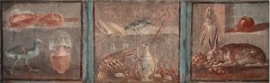 Still Life with Hen (left), Still Life with Two cuttlefish, a silver jug, bird, shells, snails and lobster (center), and Still-life with a Hare and Grapes (right), Fourth Style wall painting from Herculaneum, Italy, c. 62-69 C.E., fresco, 14 x 13 1/2 inches (Archaeological Museum, Naples)