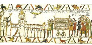 Edward the Confessor's body being carried into Westminster Abbey, Bayeux Tapestry, c. 1070, embroidered wool on linen, 20 inches high (Bayeux Museum)
