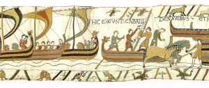 Horses disembarking from Norman longships, Bayeux Tapestry, c. 1070, embroidered wool on linen, 20 inches high (Bayeux Museum)