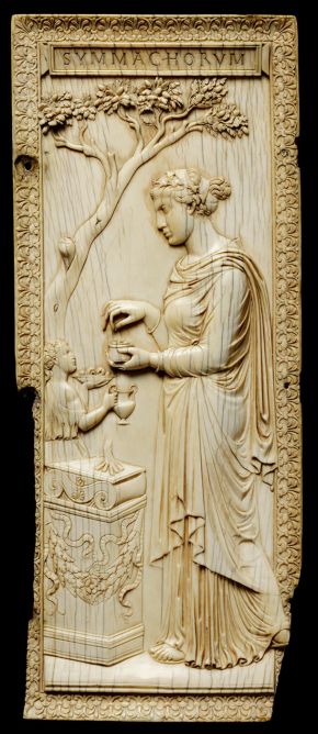 The Symmachi Panel, unknown maker, Rome, Italy, about 400 AD, carved elephant ivory (Victoria and Albert Museum, London)