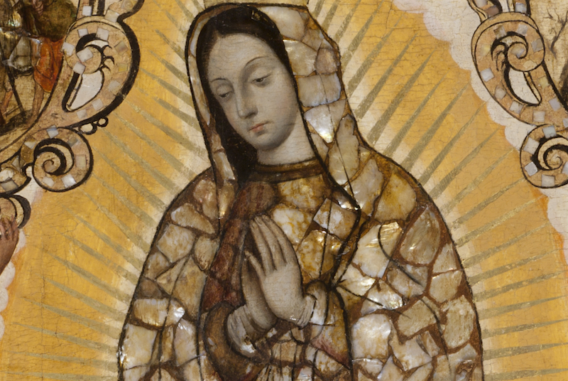 Detail, González, The Virgin of Guadalupe (Virgen de Guadalupe), c. 1698, oil on canvas on wood, inlaid with mother-of-pearl (enconchado), canvas: 99.06 × 69.85 cm / frame: 124.46 × 95.25 cm (Los Angeles County Museum of Art)