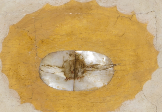 Holy Spirit symbolized by a dove (detail), Detail, González, The Virgin of Guadalupe (Virgen de Guadalupe), c. 1698, oil on canvas on wood, inlaid with mother-of-pearl (enconchado), canvas: 99.06 × 69.85 cm / frame: 124.46 × 95.25 cm (Los Angeles County Museum of Art)