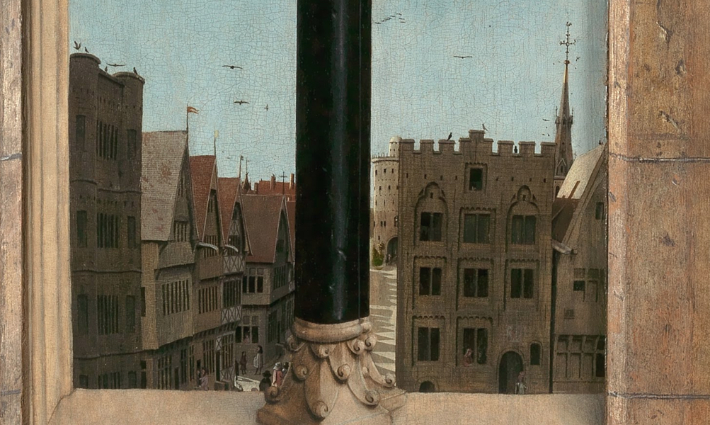 Detail showing a street in Ghent, Jan van Eyck, the Ghent Altarpiece (closed middlesection) after renovation 1432 (Saint Bavo's cathedral, Ghent)