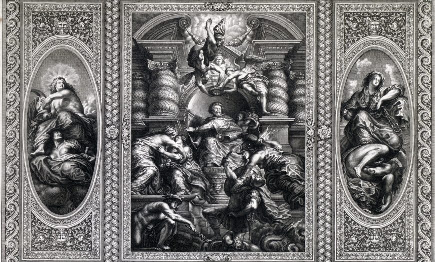 Simon Gribelinca, engraving (1720) after Sir Peter Paul Rubens, The Peaceful Reign of James I, ceiling of the Banqueting House, Whitehall, c. 1632–34 (Yale Center for British Art)