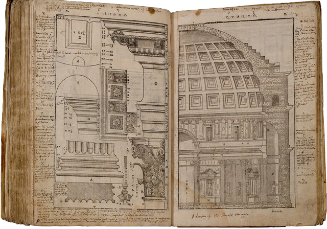 Pages from Inigo Jones’s copy of Andrea Palladio’s <em>I Quattri libri dell’architettura</em>,1601, with annotations by Inigo Jones (Oxford, Worcester College)