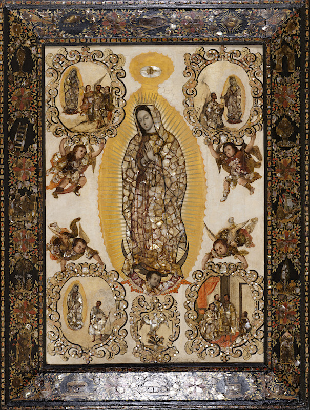 Miguel González, La Virgen de Guadalupe (Virgen de Guadalupe), c. 1698, óleo sobre lienzo sobre madera, con incrustaciones de nácar (enconchado), lienzo: 99.06 × 69.85 cm/marco: 124.46 × 95.25 cm (Museo de Arte del Condado de Los Ángeles)