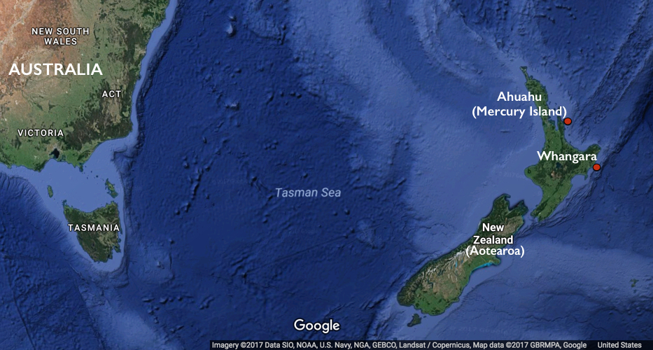 Map showing Mercury Island and Whangara