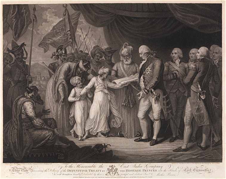 Print made by Daniel Orme, The Delivery of the Definitive Treaty by the Hostage Princes into the Hands of Lord Cornwallis, 1793, Stipple engraving on medium, slightly textured, cream wove paper (Yale Center for British Art)