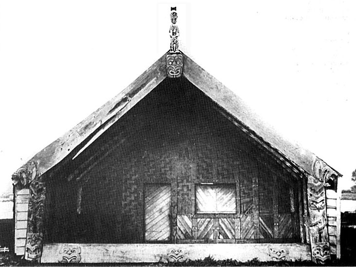 Paikea in its original location atop the Maori meeting house, Te Kani a Takirau