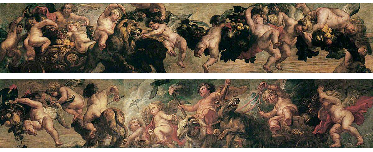 Peter Paul Rubens, rectangular panels, ceiling of the Banqueting House, Whitehall, c. 1632–1634, oil on canvas. Top: Genii loading a chariot with fruit; bottom: Genii driving a chariot driven by a ram and a wolf