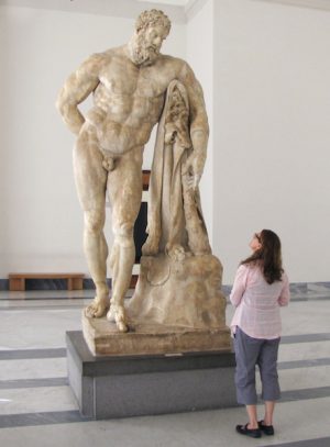 Lysippos, Farnese Hercules (also Weary Hercules), 4th century B.C.E., later Roman copy signed "Glykon of Athens" (in Greek letters), c. 216 C.E., 10 feet 5 inches high, found in the ruins of the Baths of Caracalla in Rome in 1546 (Museo Archeologico Nazionale, Naples)