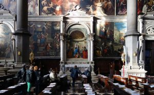 View from across the nave of Giovanni Bellini, San Zaccaria Altarpiece, 1505, oil on wood transferred to canvas, 16 feet 5-1/2 inches x 7 feet 9 inches (San Zaccaria, Venice)