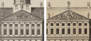 Amsterdam Town Hall, left: A. de Putter and Gerard Valck, view of the east elevation (detail), 1719 (Amsterdam Stadsarchief); right: Pieter Schenk, view of the west elevation (detail), c. 1710 (Amsterdam Stadsarchief)