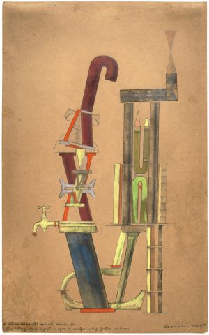 Max Ernst, Little Machine Constructed by Minimax Dadamax in Person, 1919-20, handprinting, pencil and ink frottage, watercolor, and gouache on heavy brown pulp paper, 49.4 x 31.5 cm (Guggenheim)