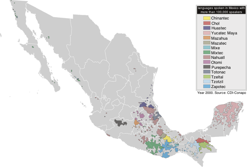 Map of indigenous languages in Mexico with more than 100,000 speakers