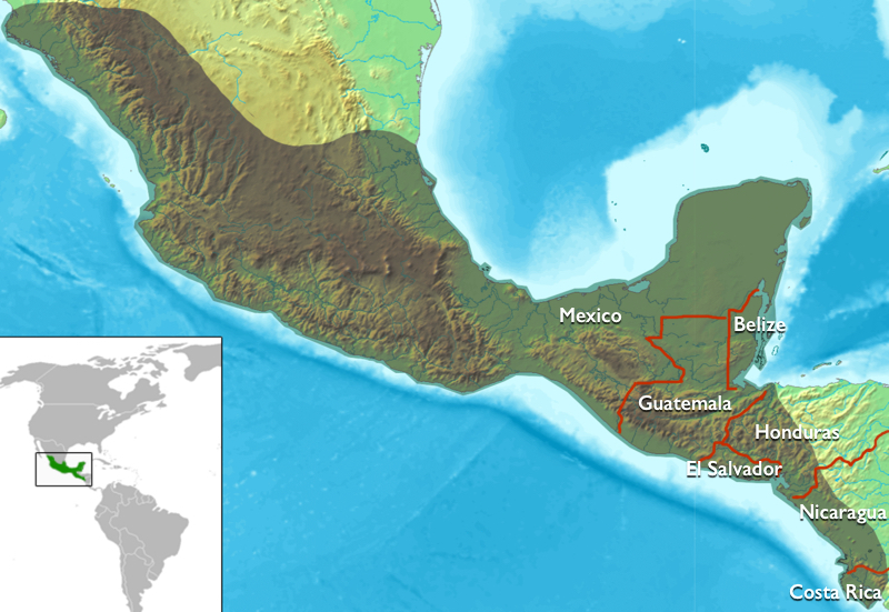 Mapa de Mesoamérica, con las fronteras de los países modernos