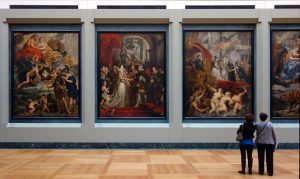 Peter Paul Rubens, view in the Louvre of three paintings from the 24-picture cycle Rubens painted for the Medici Gallery in the Luxembourg Palace, in Paris, 1621-25. From left to right: The Presentation of the Portrait of Marie de' Medici, The Wedding by Proxy of Marie de' Medici to King Henry IV, Arrival (or Disembarkation) of Marie de Medici at Marseilles.
