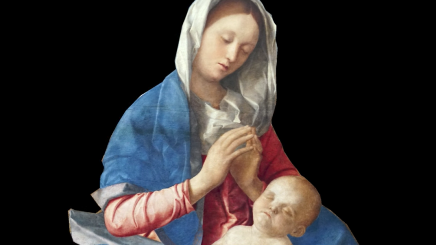 Giovanni Bellini, <em>Madonna of the Meadow</em>, c. 1500, oil and egg on synthetic panel, transferred from wood, 67.3 x 86.4 cm (The National Gallery, London)