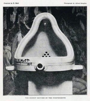 Marcel Duchamp, Fountain (original), photographed by Alfred Stieglitz in 1917 after its rejection by the Society of Independent Artists 