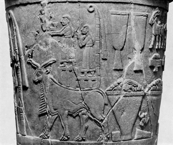 Top band (detail), Relief-carved alabaster vessel called the Uruk Vase, Uruk, Late Uruk period, c. 3500-3000 B.C.E. (Iraq Museum, Baghdad), photo: © Hirmer Verlag