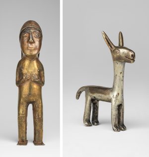 Left: Female figurine, 1400–1533, Inka, silver-gold alloy, 14.9 x 3.5 cm (The Metropolitan Museum of Art); right: Camelid figurine, 1400-1533, Inka, alloys of silver, gold and copper, 5.1 cm high (The Metropolitan Museum of Art)