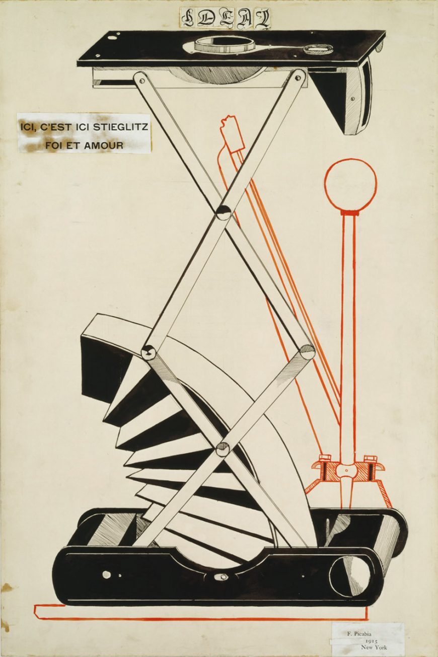 Francis Picabia, <em>Ideal</em>,<em> </em>1915, ink, graphite, and cut-and-pasted painted and printed papers on paperboard, 75.9 x 50.8 cm (The Metropolitan Museum of Art)
