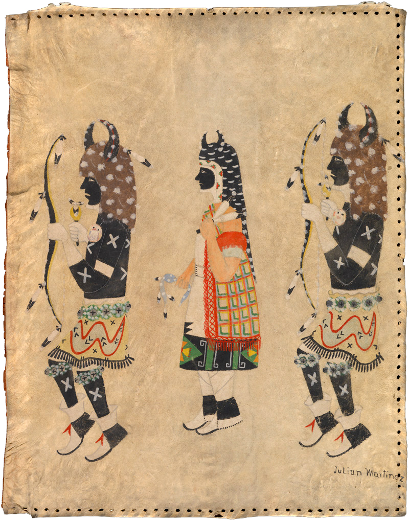 Julian Martínez, Buffalo Dancers, c. 1930s, hide and paint, 79 x 61 cm (National Museum of the American Indian)