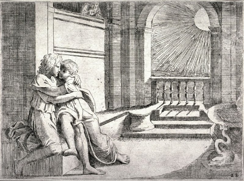 Sisto Badalocchio, Abimelech Seeing His Wife Rebecca Caressed by Isaac, from the series of etchings Biblical Scenes, after the frescoes by Raphael in the Vatican Loggia, 1607, etching, 13.1 x 17.9 cm (Fine Arts Museums of San Francisco)