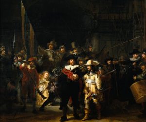 Rembrandt, Officers and Men of the Company of Captain Frans Banning Cocq and Lieutenant Wilhelm van Ruytenburgh, known as the Night Watch, 1642, oil on canvas, 379.5 x 453.5 cm (Rijksmuseum, Amsterdam)
