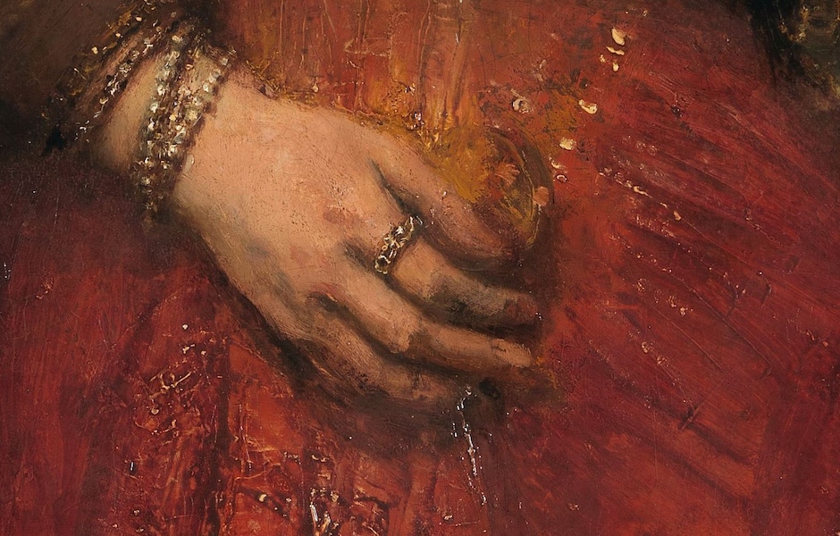 Rembrandt van Rijn, detail of Portrait of a Couple as Isaac and Rebecca, known as The Jewish Bride, 1665-69, oil on canvas, 121.5 x 166.5 cm (Rijksmuseum, Amsterdam)