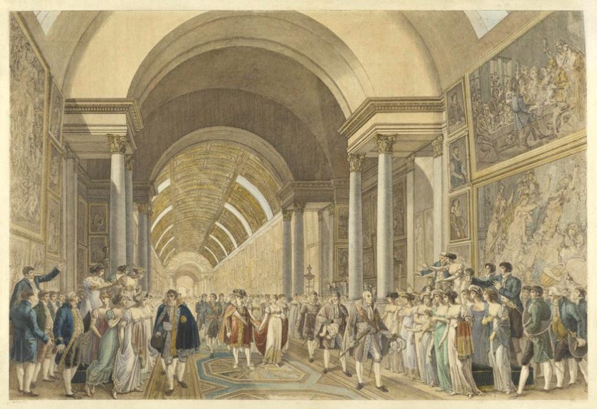Heinrich Reinhold (after Benjamin Zix), The Marriage of the Emperor Napoleon I to the Archduchess Marie-Louise of Austria in the Grand Gallery of the Louvre on April 1, 1810, 1810-11, etching and engraving, hand-colored, 39.4 x 58.7 cm (Philadelphia Museum of Art)