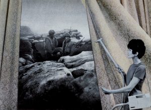 Martha Rosler, Cleaning the Drapes from the series House Beautiful: Bringing the War Home, c. 1967-72, pigmented ink jet print (photomontage), 44 x 60.3 cm (The Museum of Modern Art)