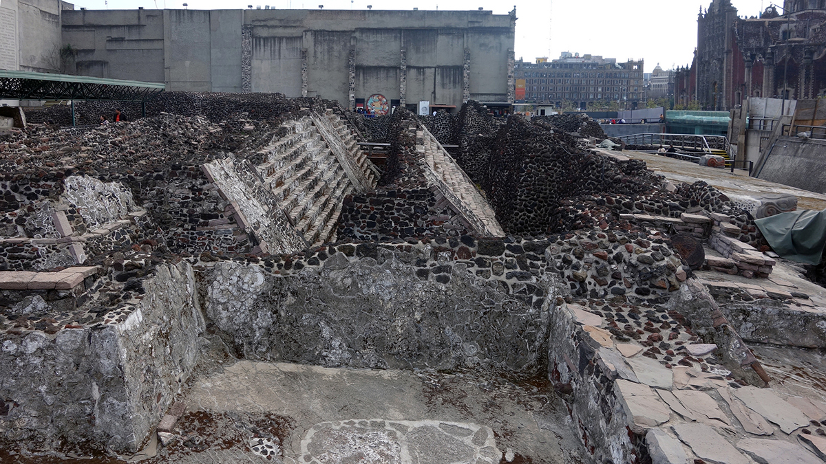 View of the Templo Mayor excavations today in the center of what is now Mexico City