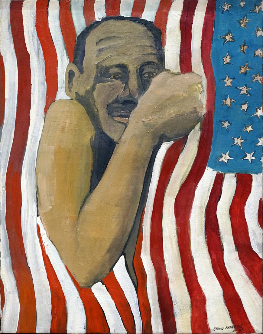 Benny Andrews, Flag Day, 1966, oil on canvas, 53.3 x 40.6 cm ©The Benny Andrews Estate (The Art Institute of Chicago) (photo: Dr. Steven Zucker)
