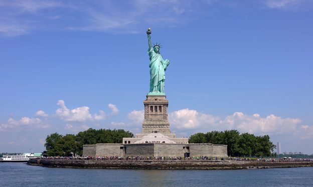 Frédéric-Auguste Bartholdi (sculptor), Gustave Eiffel (interior structure), Richard Morris Hunt (base), Statue of Liberty, begun 1875, dedicated 1886, copper exterior, 151 feet 1 inch / 46 m high (statue), New York Harbor