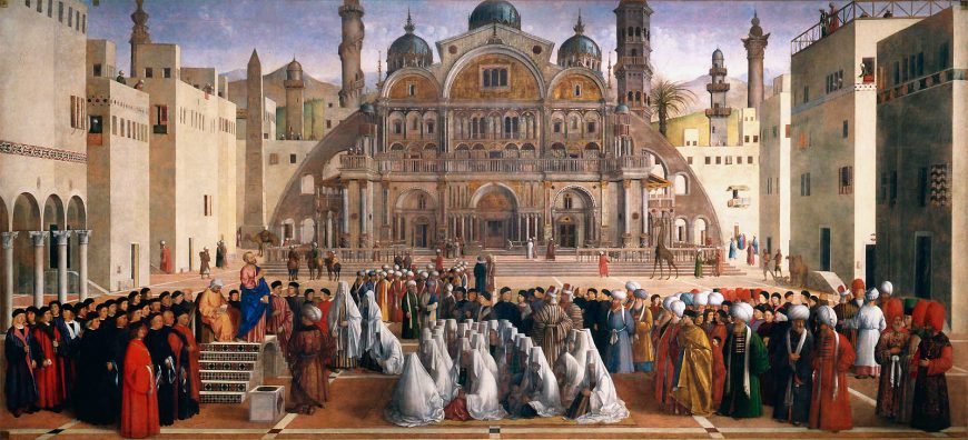 Gentile Bellini and Giovanni Bellini, Saint Mark Preaching in a Square of Alexandria in Egypt, 1504-07, oil on canvas, 347 × 770 cm, (Pinacoteca Brera, Milan)
