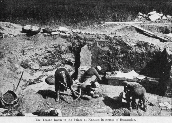 Excavating the floor of the Throne Room, image from the title-page of the brochure, issued by the Cretan Exploration fund in 1900, appealing for funds 