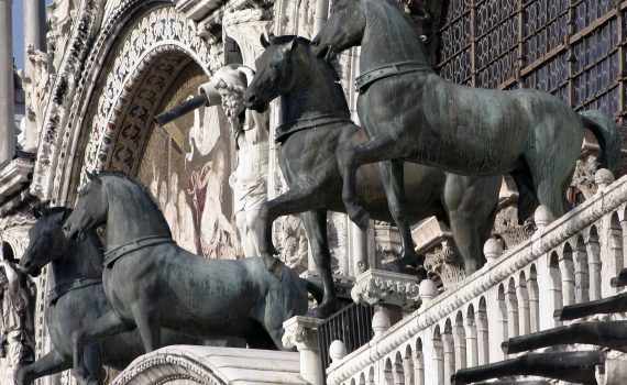 Modern copies of the Horses of San Marco on the exterior of the Basilica of San Marco, Venice