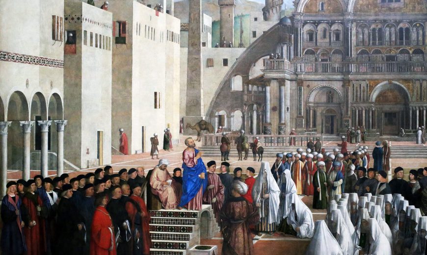 Mark (detail), Gentile Bellini and Giovanni Bellini, Saint Mark Preaching in a Square of Alexandria in Egypt, 1504-07, oil on canvas, 347 x 770 cm, (Pinacoteca Brera, Milan)