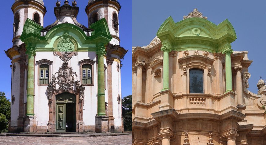 Detalles de Igreja de São Francisco de Assis, Ouro Preto y la Iglesia de San Domenico en Noto, Sicilia, con frontones rotos resaltados en verde (fotos: svenwerk, CC BY-NC-ND 2.0 y Alessandro Ceci, CC BY-NC 2.0)