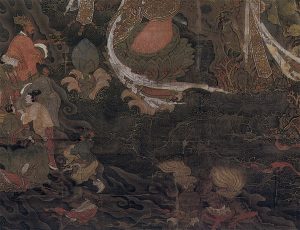 El rey dragón y su séquito, detalle de Agua-Luna Avalokiteshvara, color sobre seda, 227.9 x 125.8 cm (Daitoku-ji, Japón)