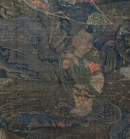 Sudhana, detalle de Agua-Luna Avalokiteśvara, primera mitad del siglo XIV, tinta y color sobre seda, imagen 114.5 x 55.6 cm (El Museo Metropolitano de Arte)