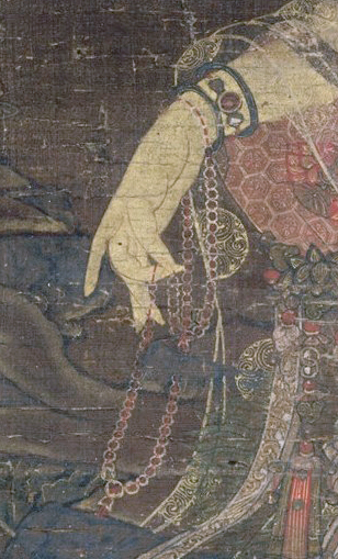 Rosary beads, detail of Water-Moon Avalokiteśvara, first half of the 14th century, ink and color on silk, image 114.5 x 55.6 cm (The Metropolitan Museum of Art)