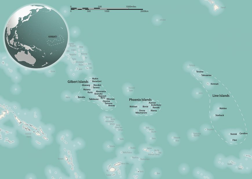The Gilbert Islands, Phoenix Islands, Line Islands, and Banaba make up the Republic of Kiribati. (Map © Mark Gunning, 2017)